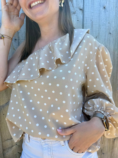 Vana | beige polka dot one shoulder blouse