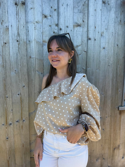 Vana | beige polka dot one shoulder blouse