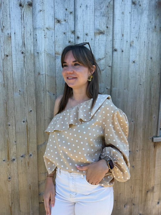 Vana | beige polka dot one shoulder blouse