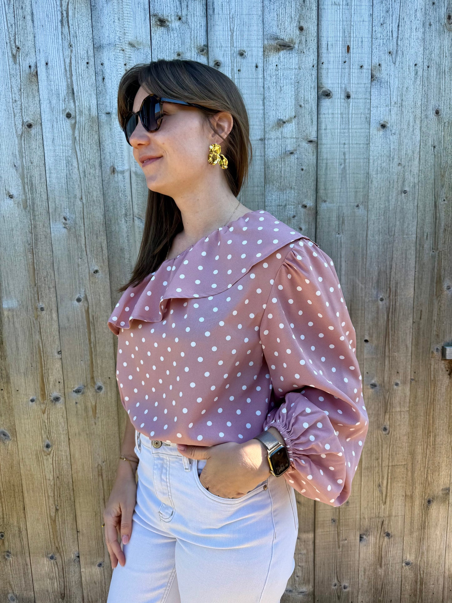 Vana | pink polka dot one shoulder blouse