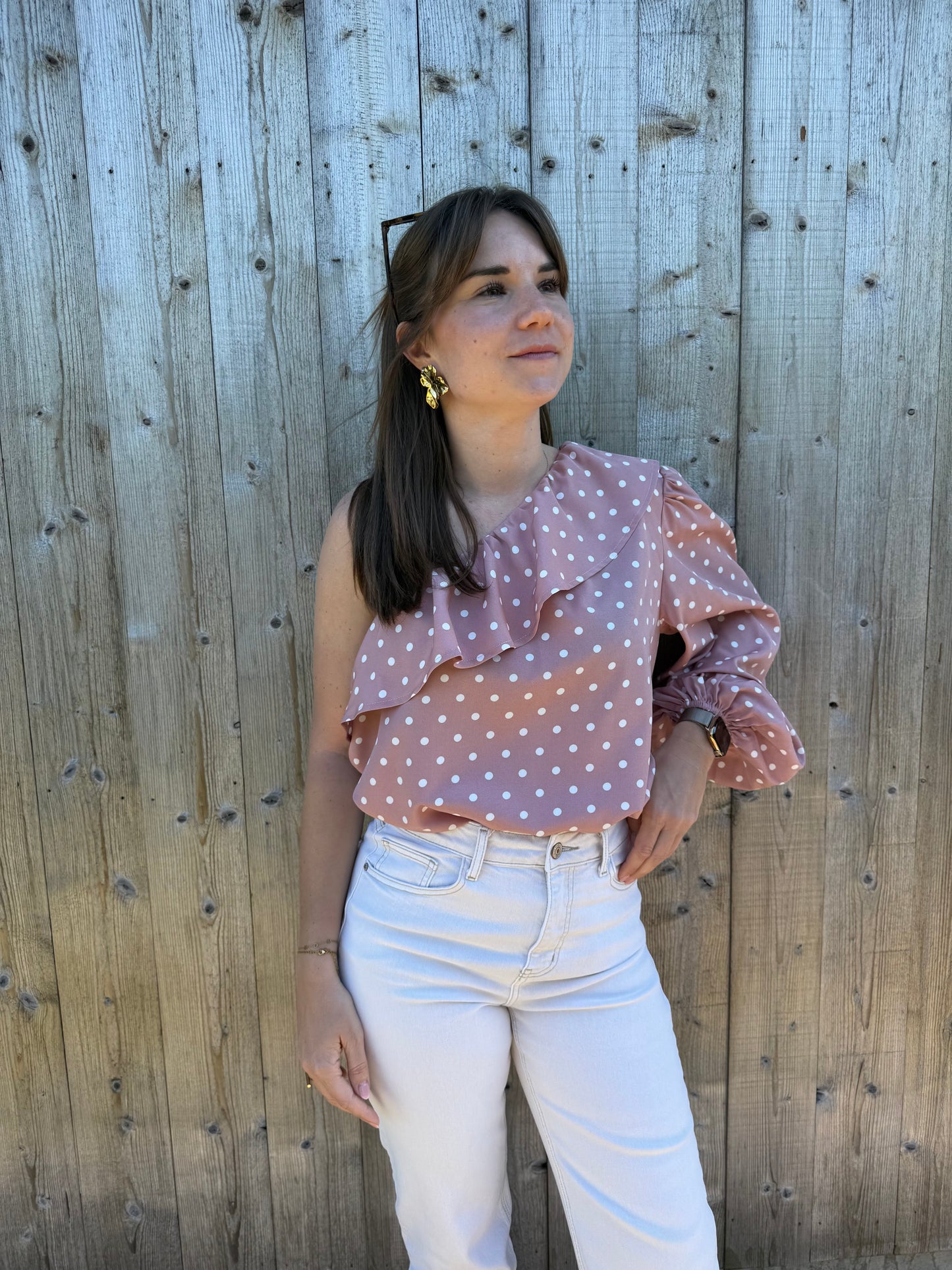 Vana | pink polka dot one shoulder blouse